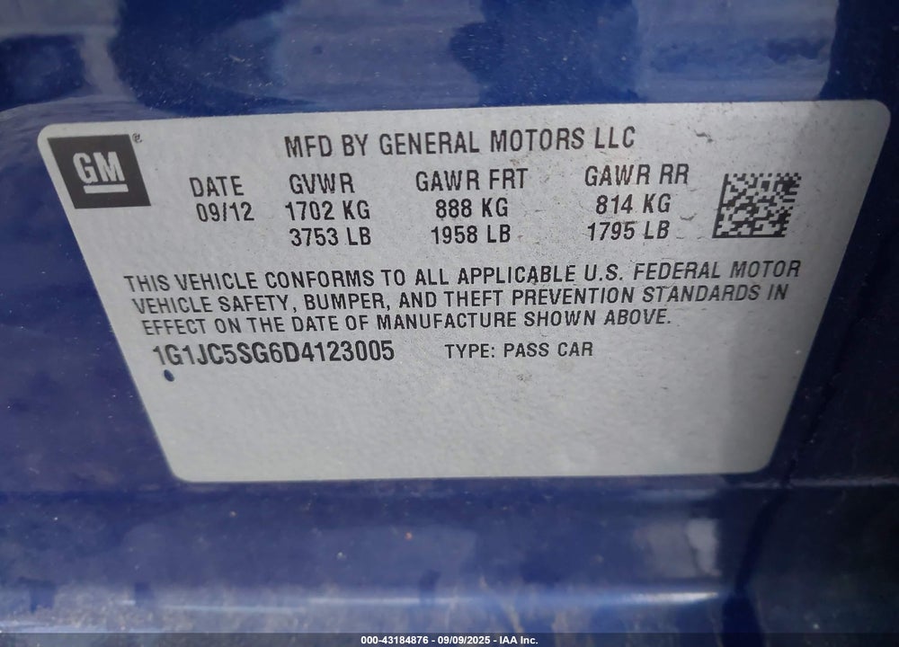 2013 CHEVROLET SONIC VIN: 1G1JC5SG6D4123005