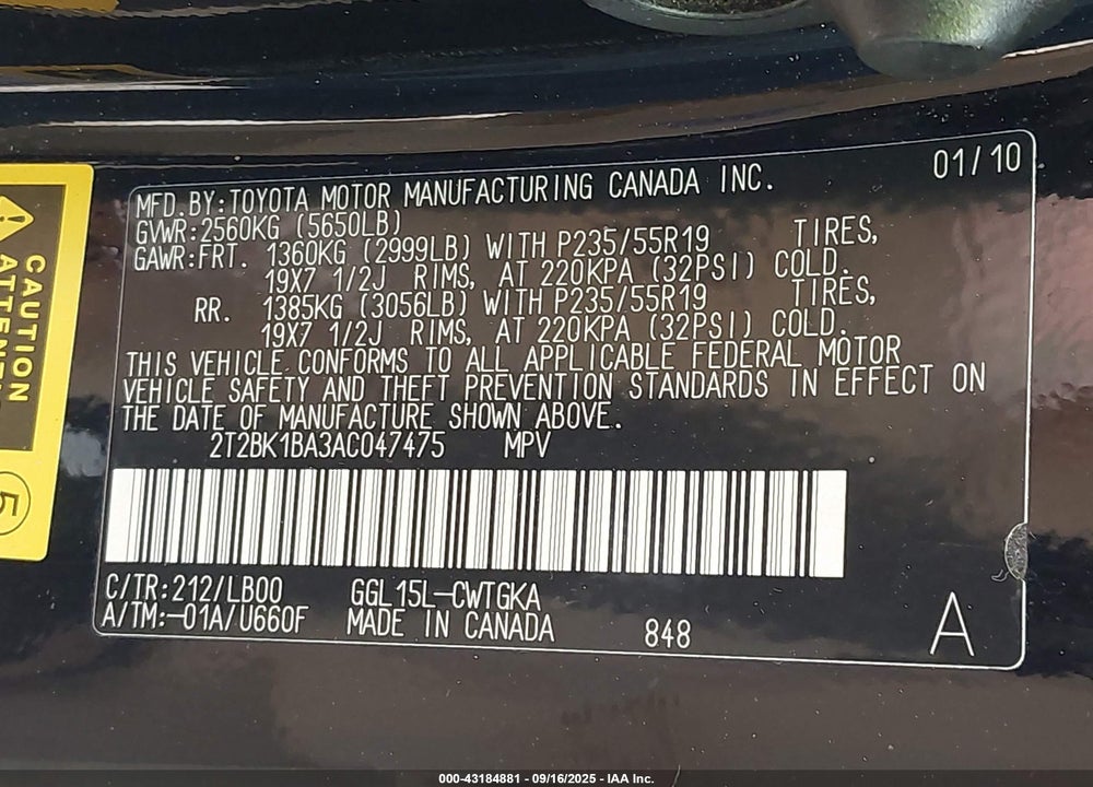 2010 LEXUS RX 350 VIN: 2T2BK1BA3AC047475