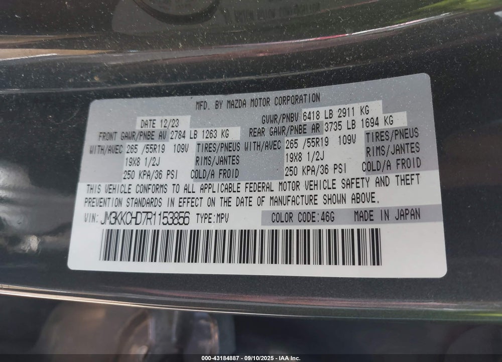 2024 MAZDA CX-90 VIN: JM3KKCHD7R1153856