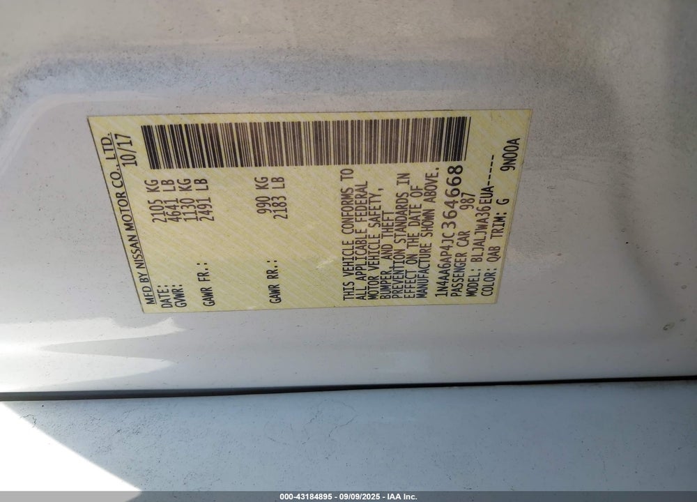 2018 NISSAN MAXIMA 3.5 SV VIN: 1N4AA6AP4JC364668