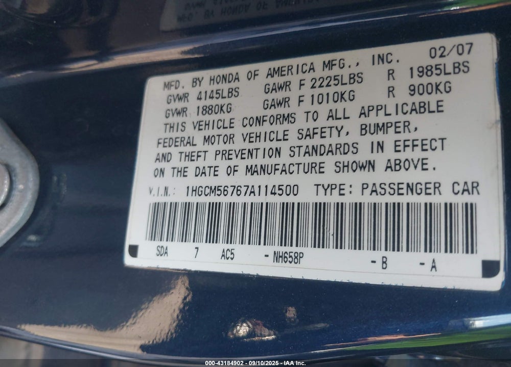 2007 HONDA ACCORD 2.4 EX VIN: 1HGCM56767A114500