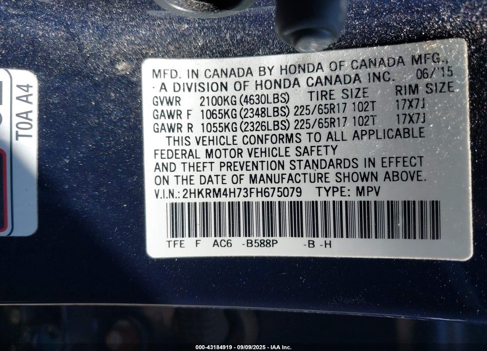 2015 HONDA CR-V VIN: 2HKRM4H73FH675079