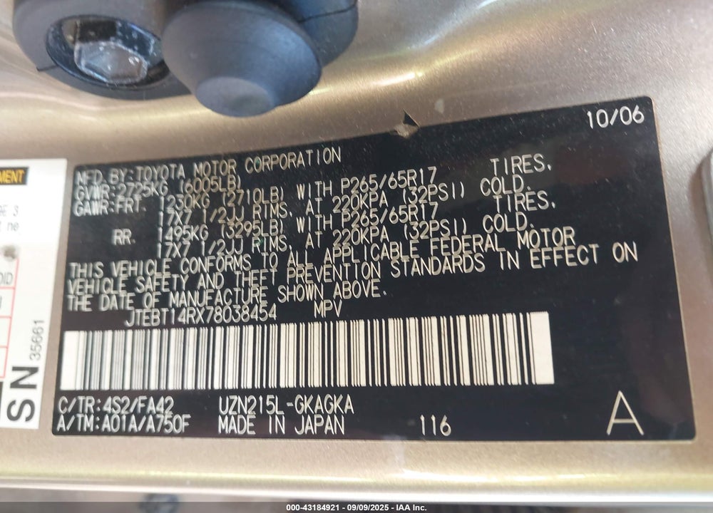 2007 TOYOTA 4RUNNER SR5 V8 VIN: JTEBT14RX78038454
