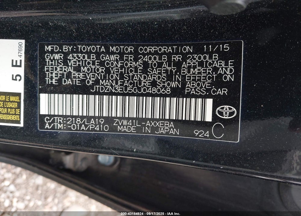 2016 TOYOTA PRIUS V VIN: JTDZN3EU5GJ048068