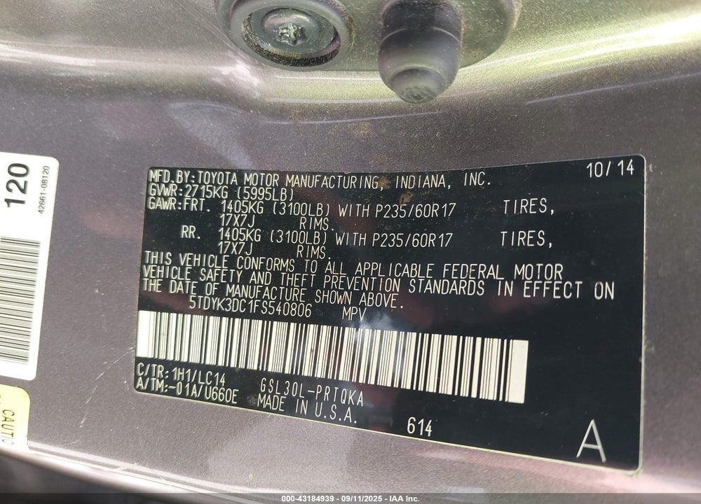 2015 TOYOTA SIENNA XLE 8 PASSENGER VIN: 5TDYK3DC1FS540806