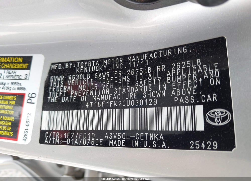 2012 TOYOTA CAMRY VIN: 4T1BF1FK2CU030129
