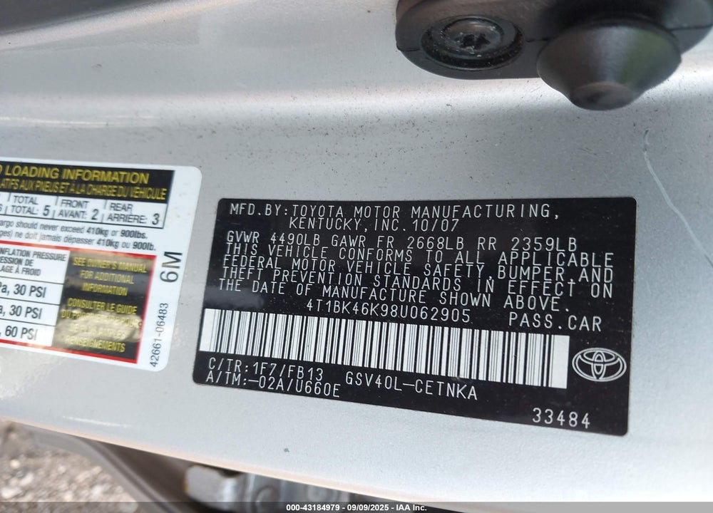 2008 TOYOTA CAMRY LE V6 VIN: 4T1BK46K98U062905