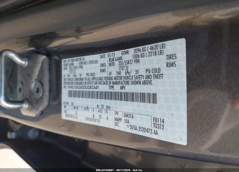 2013 FORD ESCAPE VIN: 1FMCU0GX0DUD83341