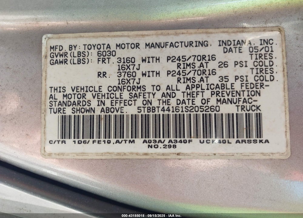 2001 TOYOTA TUNDRA SR5 V8 VIN: 5TBBT44161S205260