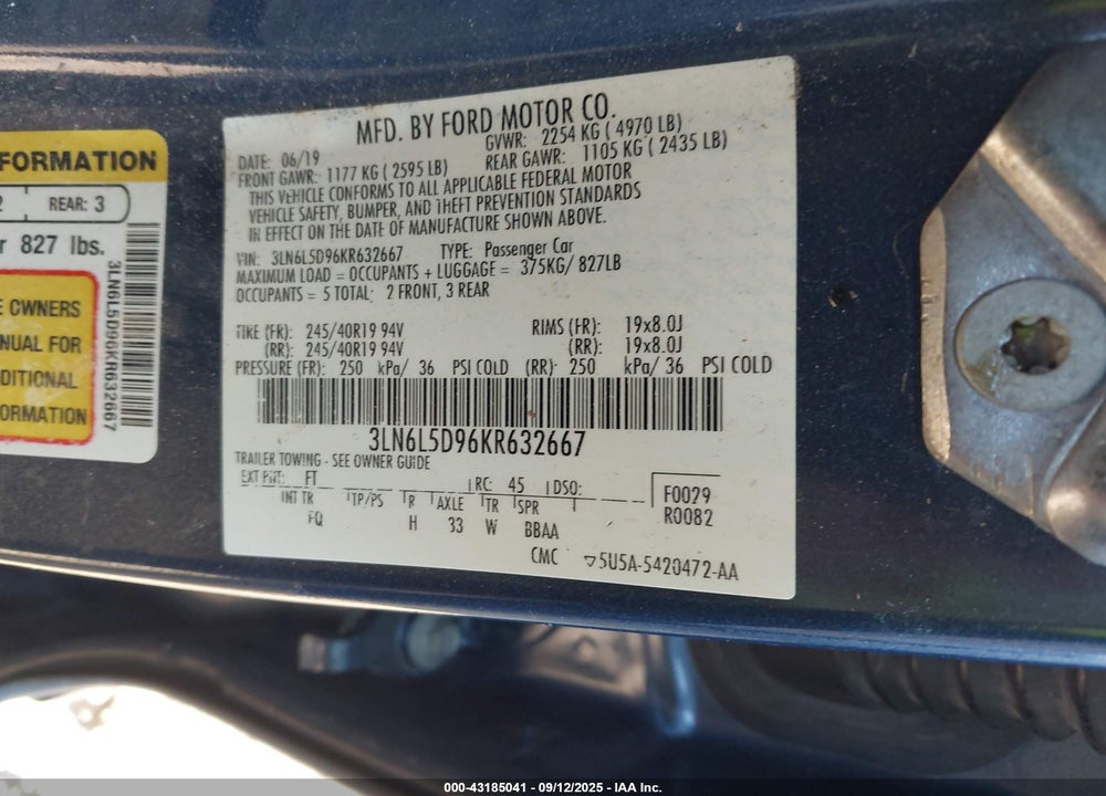 2019 LINCOLN MKZ RESERVE I VIN: 3LN6L5D96KR632667