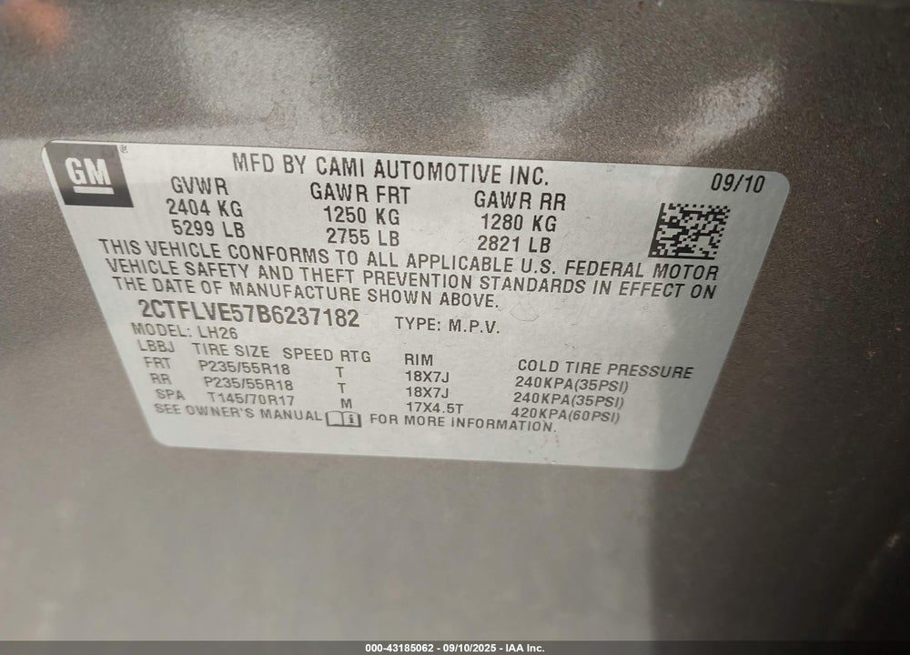 2011 GMC TERRAIN VIN: 2CTFLVE57B6237182