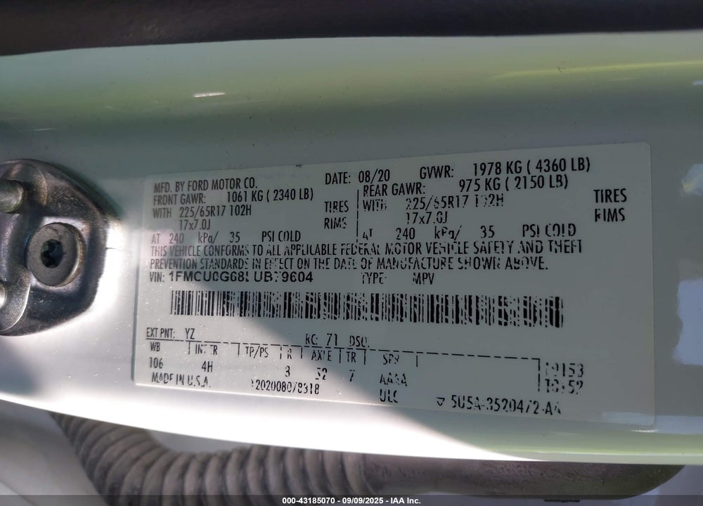 2020 FORD ESCAPE VIN: 1FMCU0G68LUB79604