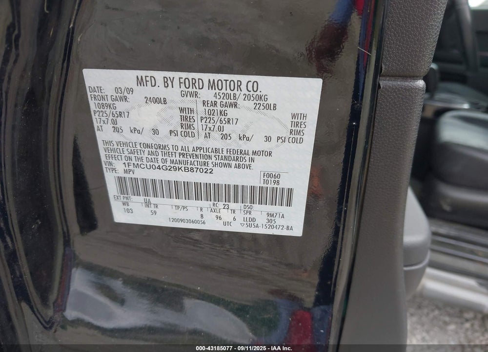2009 FORD ESCAPE VIN: 1FMCU04G29KB87022