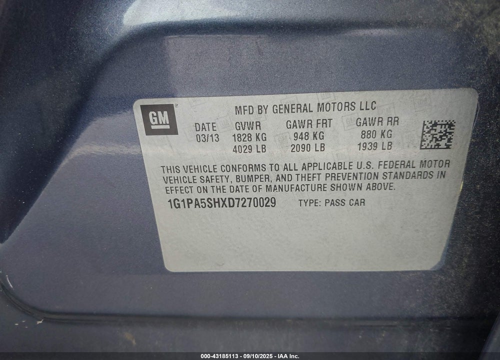 2013 CHEVROLET CRUZE LS AUTO VIN: 1G1PA5SHXD7270029