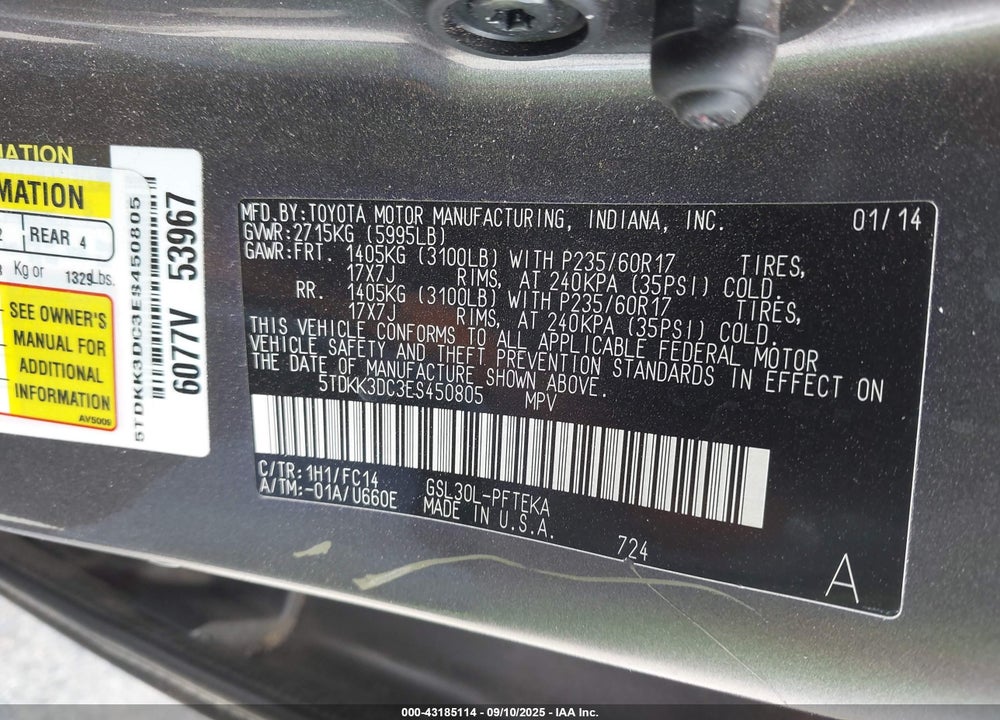 2014 TOYOTA SIENNA LE V6 7 PASSENGER MOBILITY VIN: 5TDKK3DC3ES450805