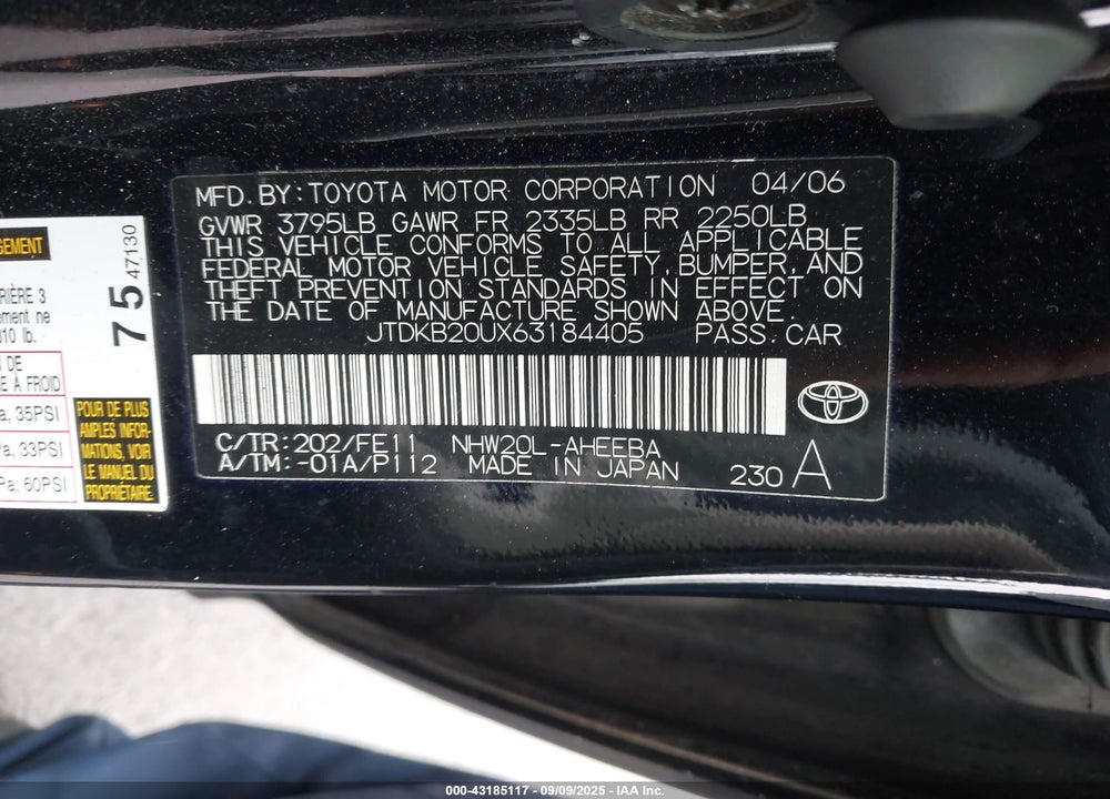 2006 TOYOTA PRIUS VIN: JTDKB20UX63184405