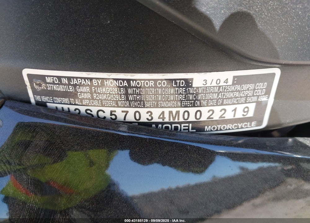 2004 HONDA CBR1000 RR VIN: JH2SC57034M002219