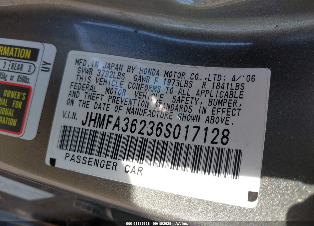 2006 HONDA CIVIC HYBRID VIN: JHMFA36236S017128