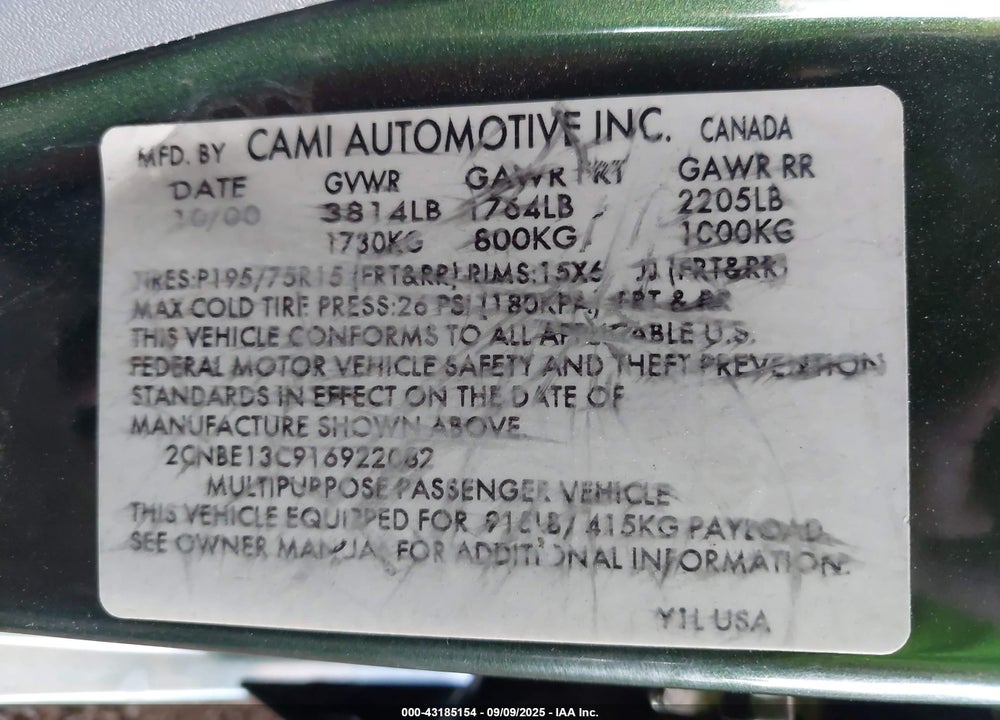 2001 CHEVROLET TRACKER HARD TOP BASE VIN: 2CNBE13C916922082