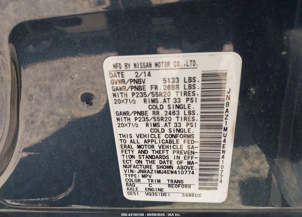 2014 NISSAN MURANO VIN: JN8AZ1MU4EW410774