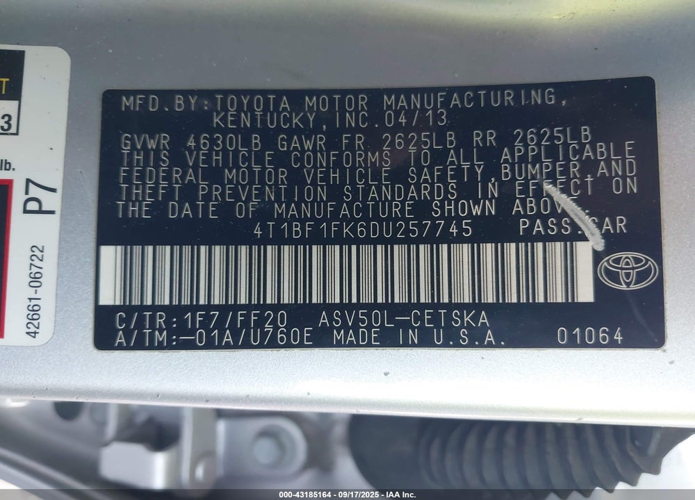 2013 TOYOTA CAMRY SE VIN: 4T1BF1FK6DU257745