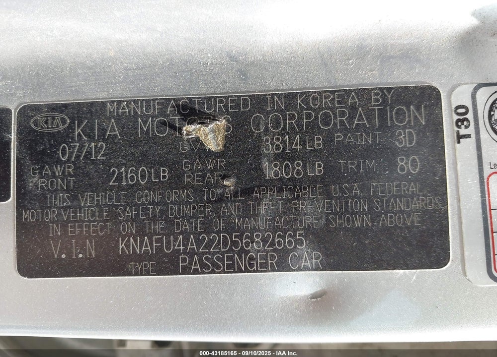 2013 KIA FORTE VIN: KNAFU4A22D5682665
