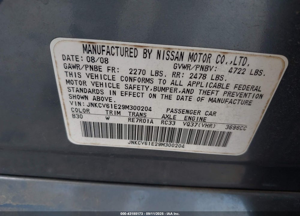 2009 INFINITI G37 VIN: JNKCV61E29M300204