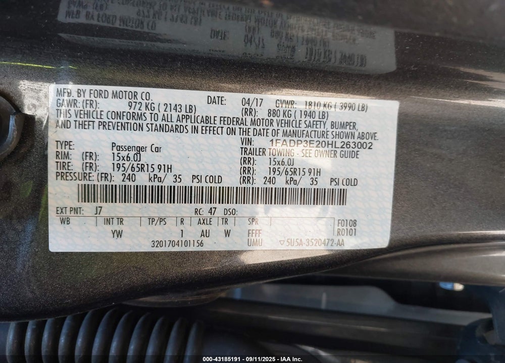 2017 FORD FOCUS VIN: 1FADP3E20HL263002
