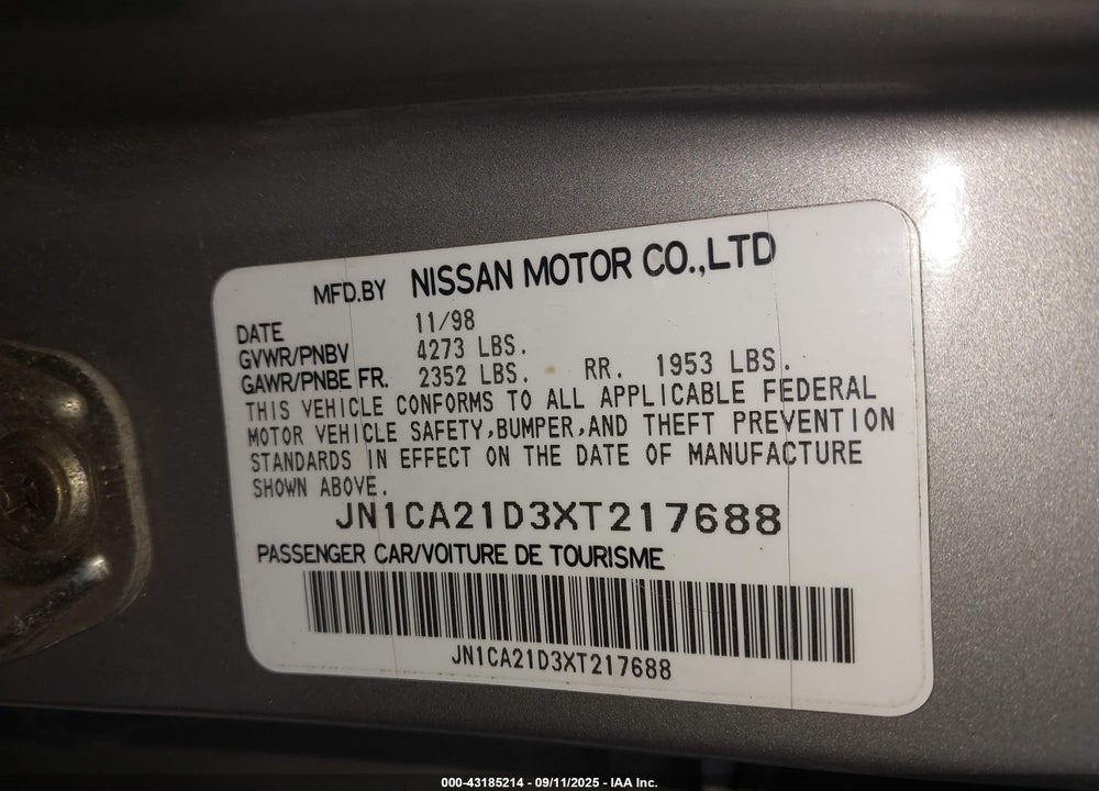 1999 NISSAN MAXIMA GLE/GXE/SE/SE-L VIN: JN1CA21D3XT217688
