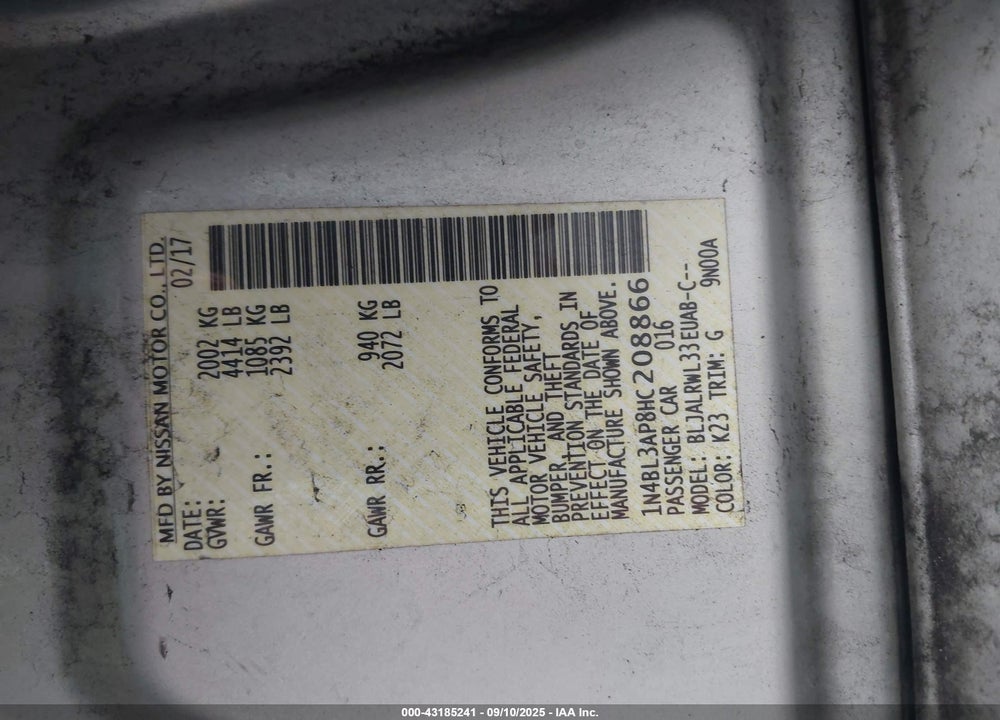 2017 NISSAN ALTIMA VIN: 1N4BL3AP8HC208866