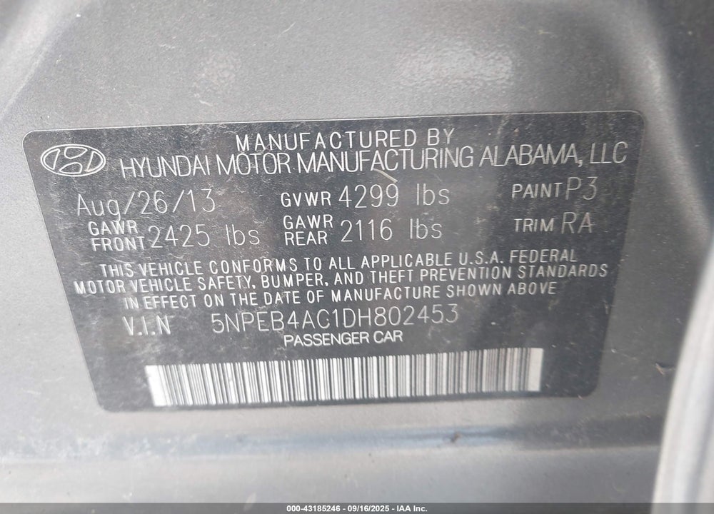 2013 HYUNDAI SONATA VIN: 5NPEB4AC1DH802453