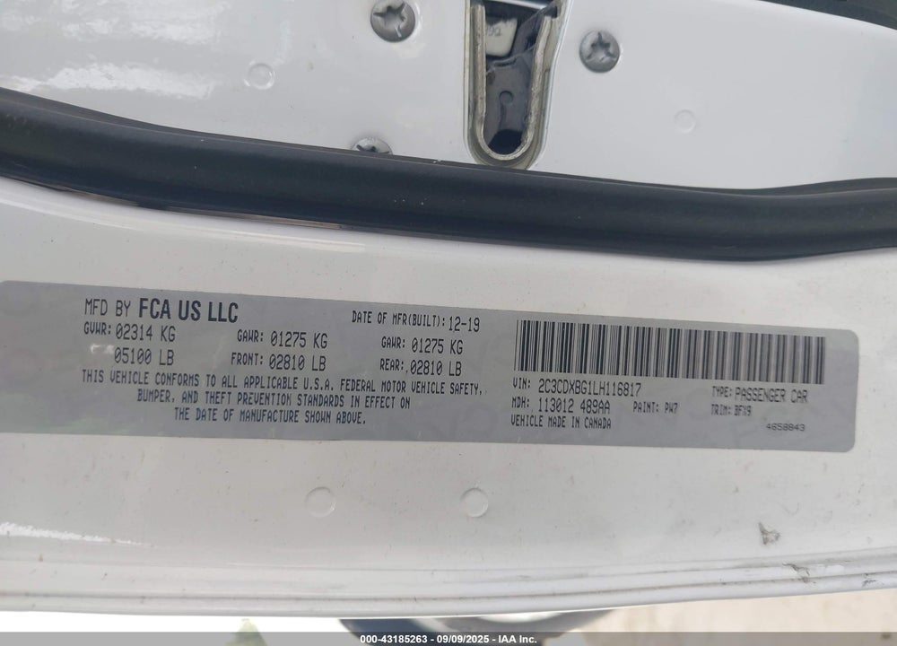 2020 DODGE CHARGER VIN: 2C3CDXBG1LH116817
