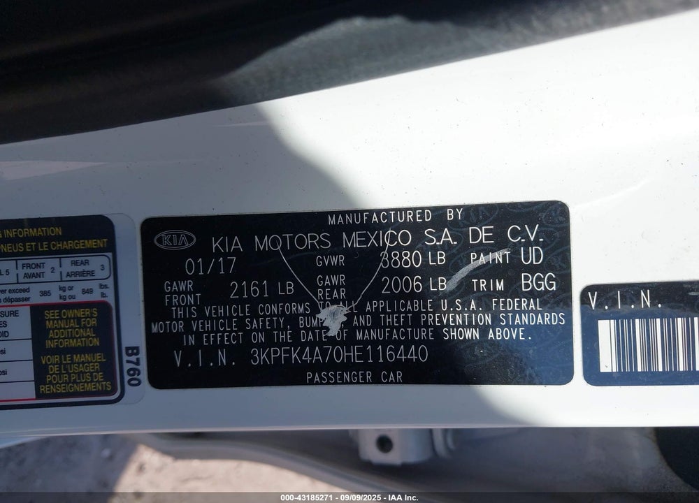 2017 KIA FORTE VIN: 3KPFK4A70HE116440