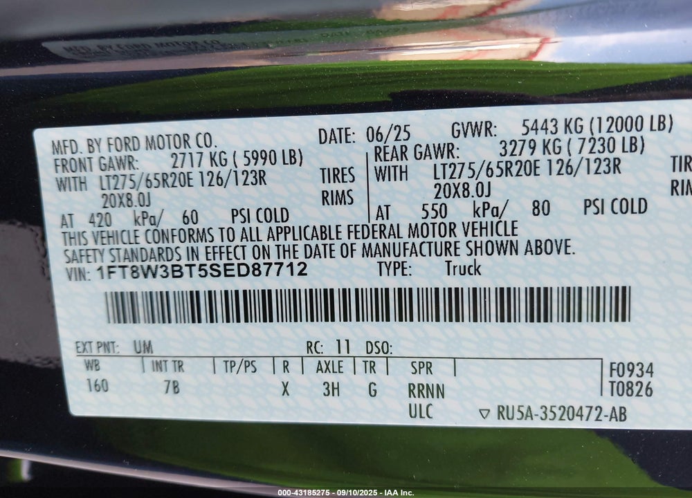 2025 FORD F-350 PLATINUM VIN: 1FT8W3BT5SED87712