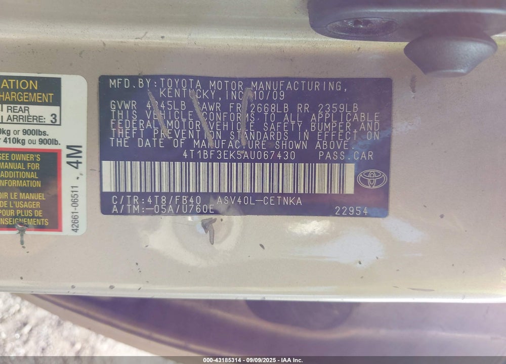 2010 TOYOTA CAMRY LE VIN: 4T1BF3EK5AU067430