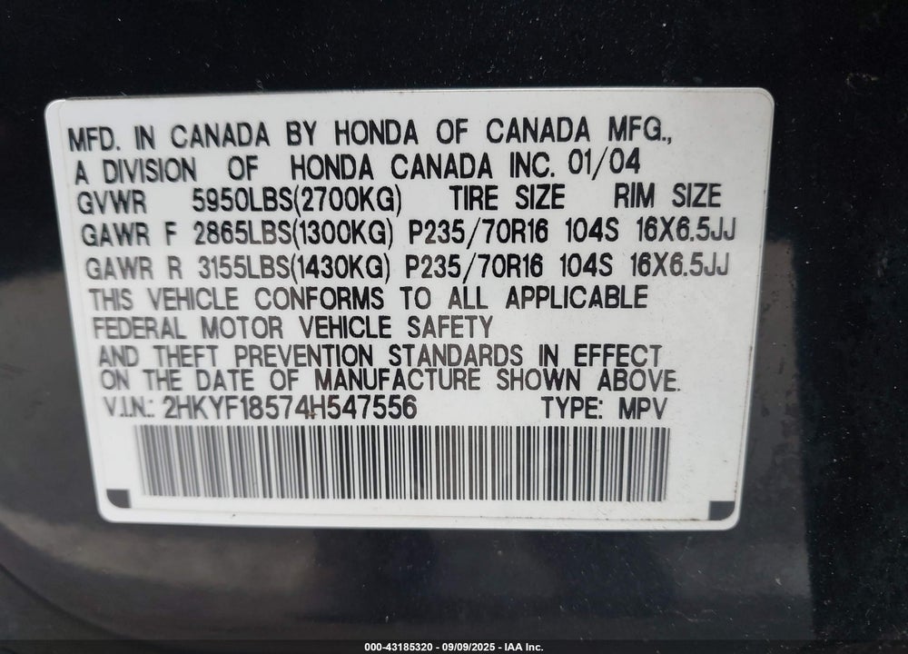 2004 HONDA PILOT EX-L VIN: 2HKYF18574H547556