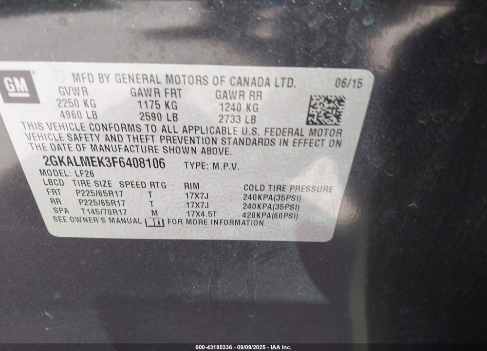 2015 GMC TERRAIN SLE-1 VIN: 2GKALMEK3F6408106