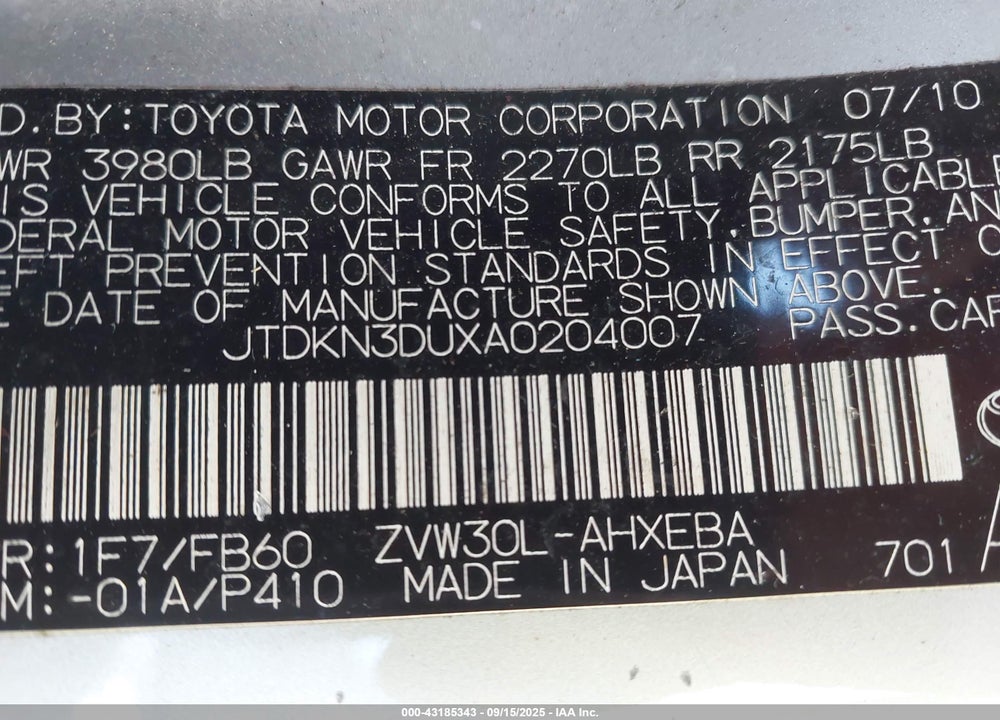 2010 TOYOTA PRIUS VIN: JTDKN3DUXA0204007