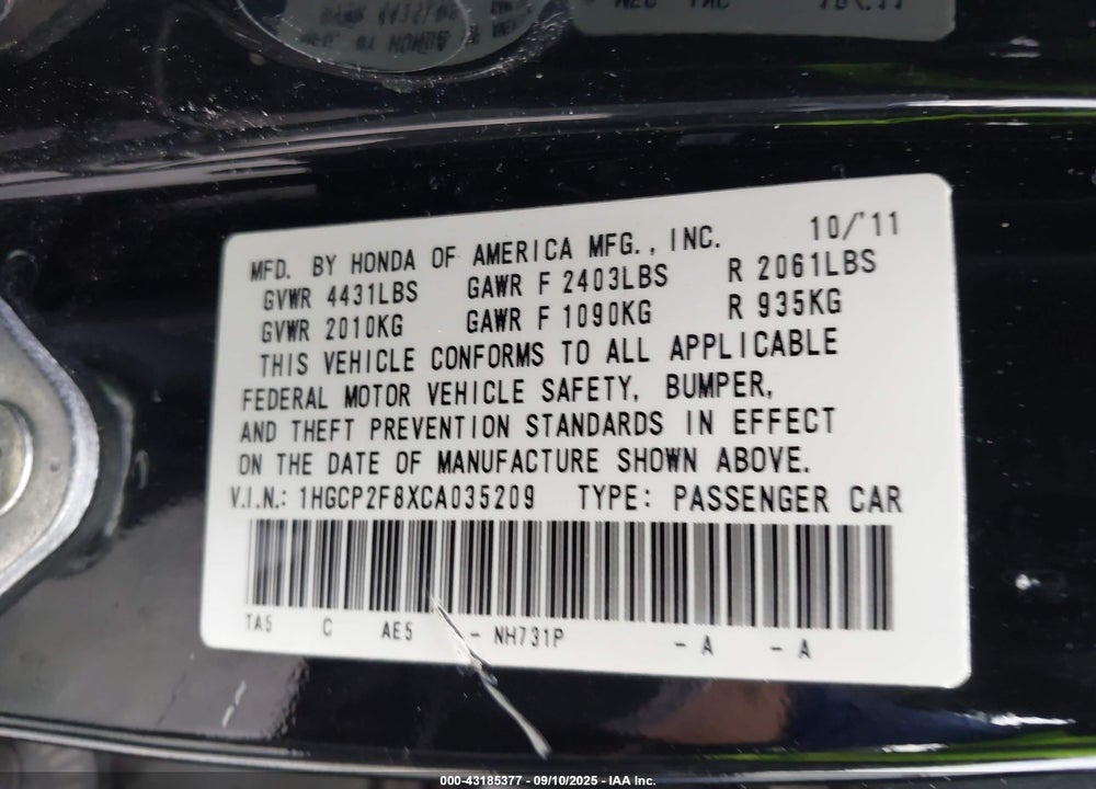 2012 HONDA ACCORD 2.4 EX-L VIN: 1HGCP2F8XCA035209