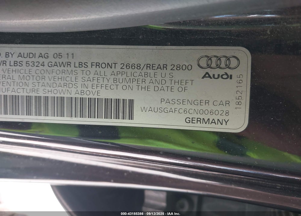 2012 AUDI A7 PREMIUM VIN: WAUSGAFC6CN006028