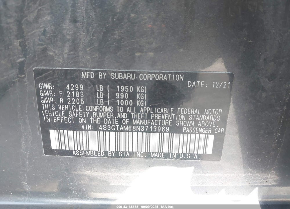 2022 SUBARU IMPREZA VIN: 4S3GTAM68N3713969