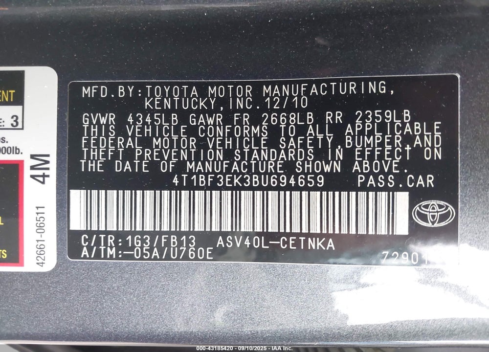 2011 TOYOTA CAMRY VIN: 4T1BF3EK3BU694659