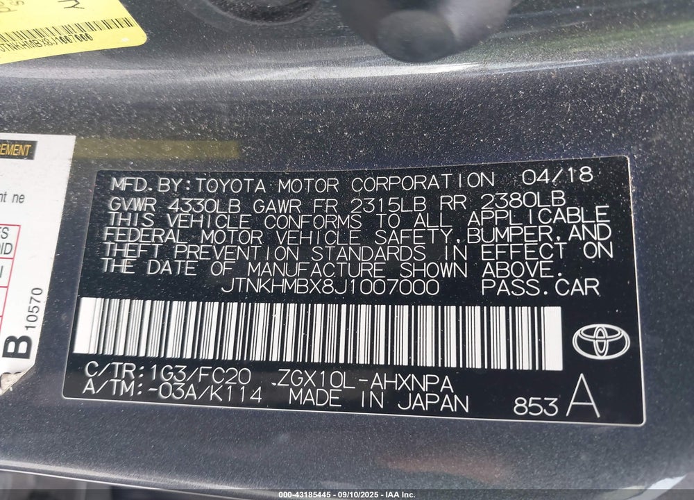 2018 TOYOTA C-HR VIN: JTNKHMBX8J1007000
