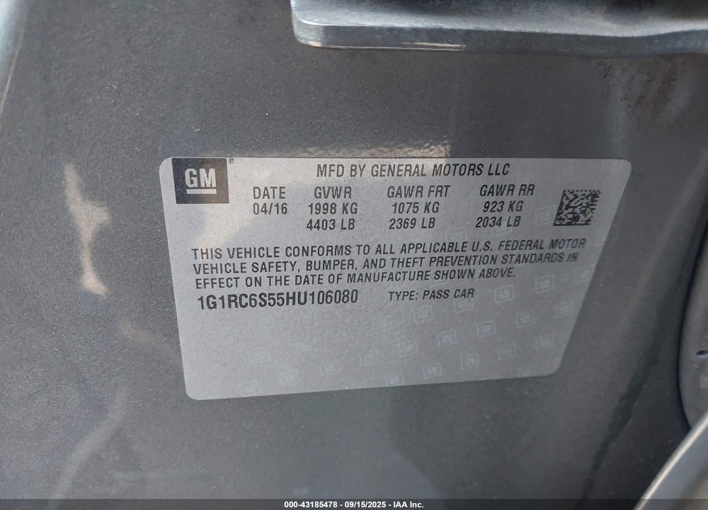 2017 CHEVROLET VOLT VIN: 1G1RC6S55HU106080