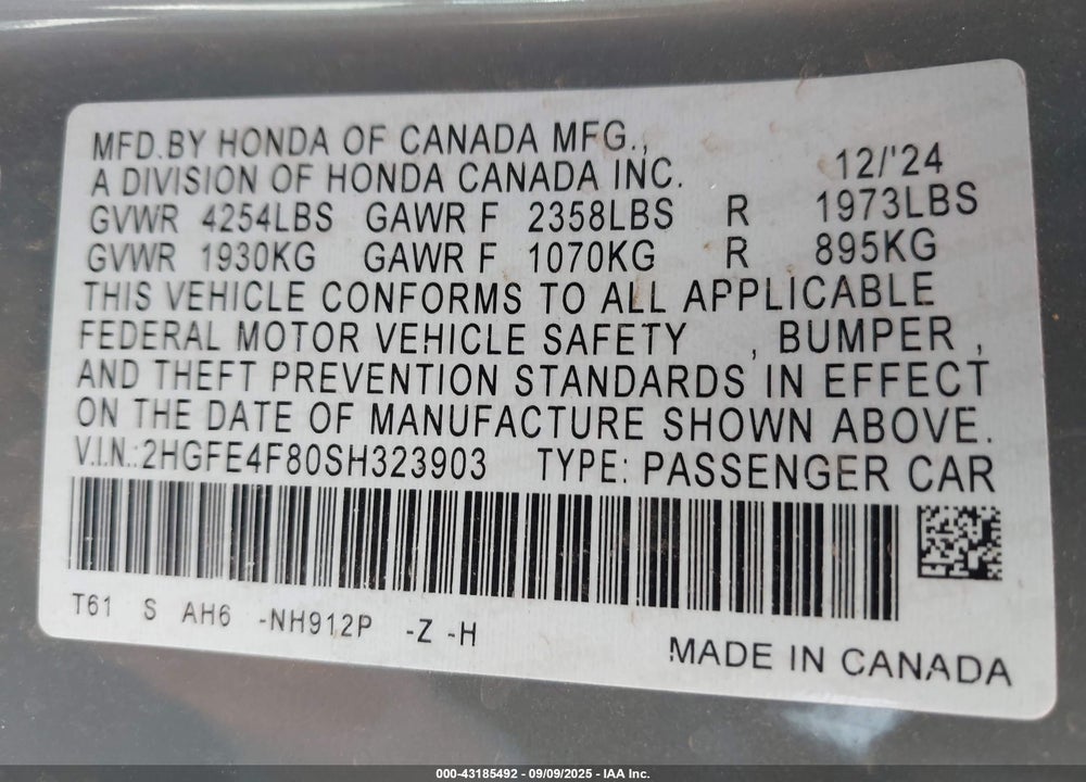 2025 HONDA CIVIC  HYBRID SPORT/SPORT TOURING VIN: 2HGFE4F80SH323903