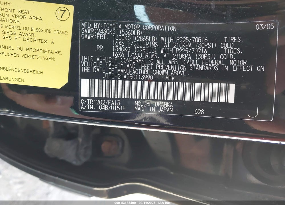 2005 TOYOTA HIGHLANDER V6 VIN: JTEEP21A250113990