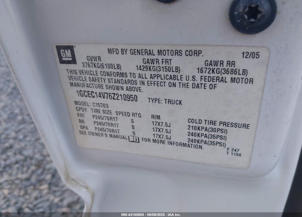 2006 CHEVROLET SILVERADO 1500 LS VIN: 1GCEC14V76Z210950