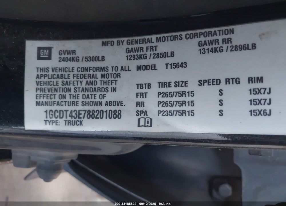 2008 CHEVROLET COLORADO LT VIN: 1GCDT43E788201088