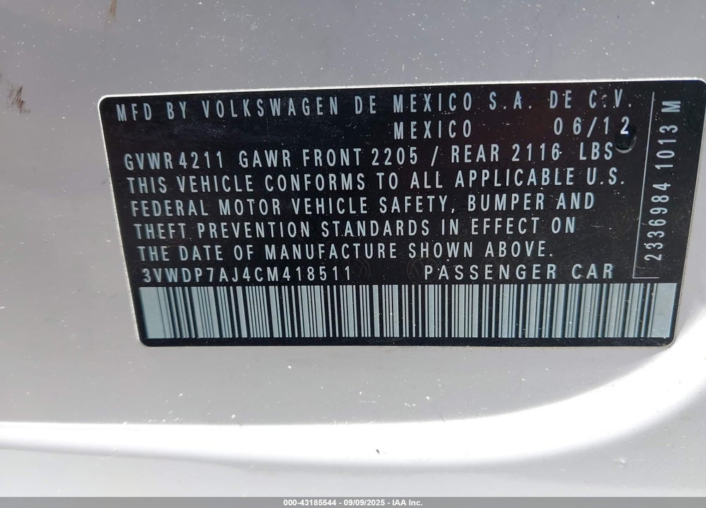 2012 VOLKSWAGEN JETTA 2.5L SE VIN: 3VWDP7AJ4CM418511