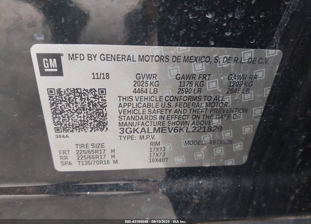 2019 GMC TERRAIN VIN: 3GKALMEV6KL221829